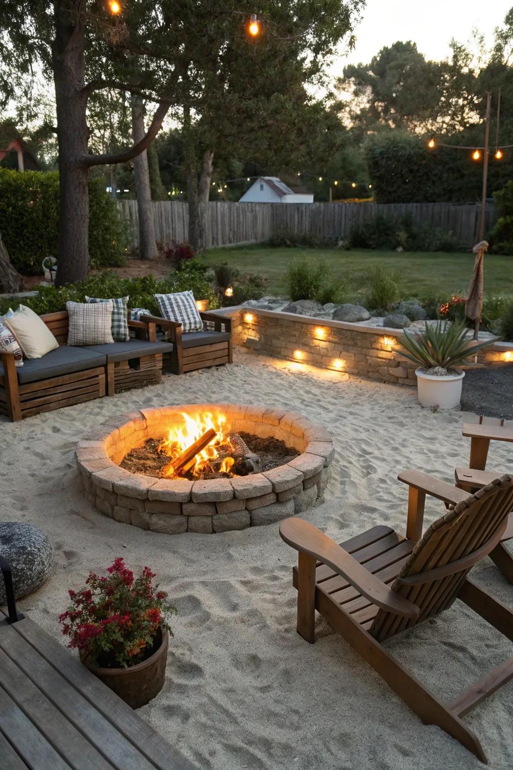 Warm up beside a snug fire pit embraced by sand.