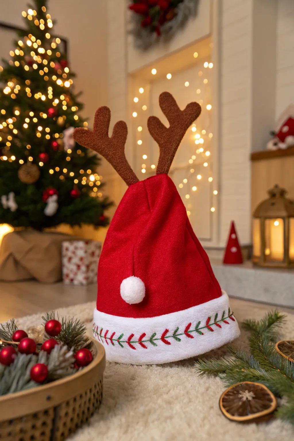 Craft a whimsical style with reindeer horns and a Rudolph-inspired sphere.