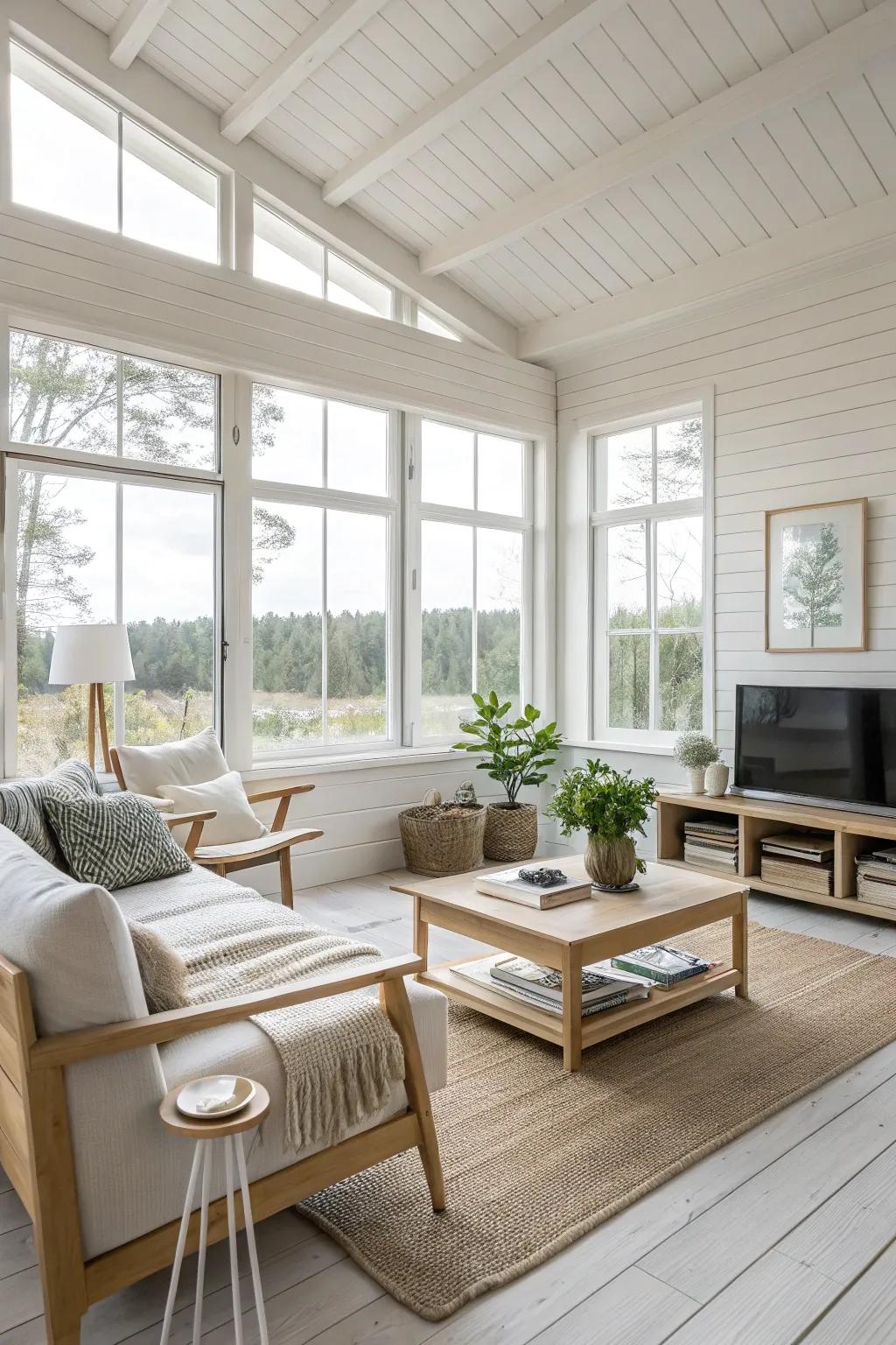 Practical furnishings anchor this minimalist Scandinavian room.