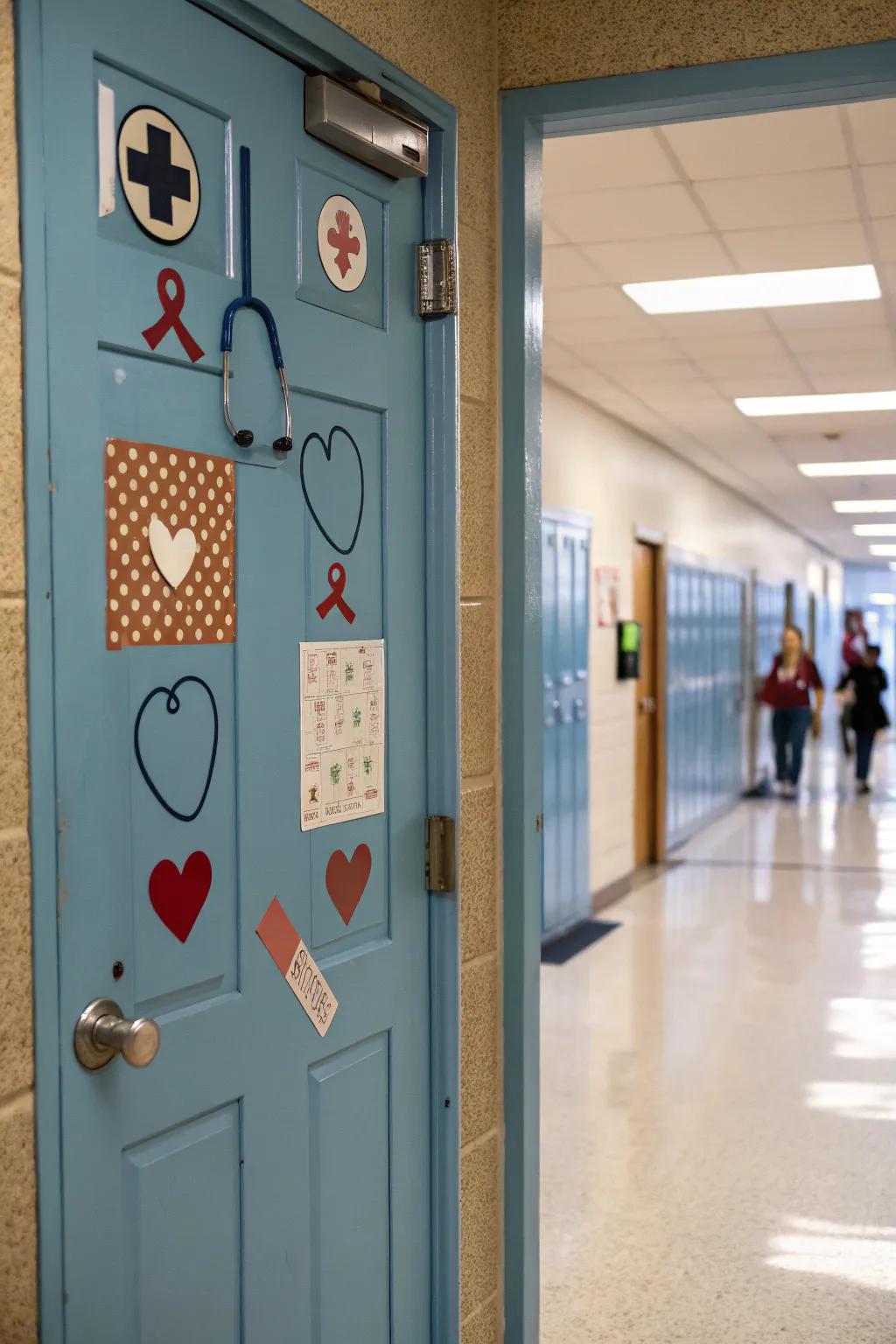 The school clinic doorway exhibiting medical symbols for an emphasis on health.
