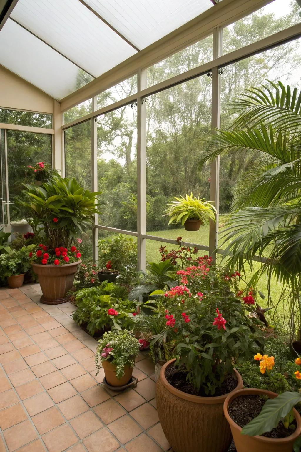 Lush greenery enhancing the ambiance of a screened-in lanai.