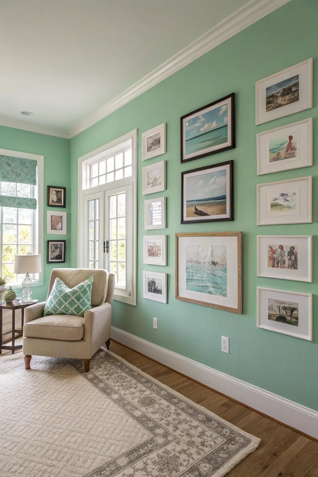 An eye-catching seafoam green accent wall in a creative space.