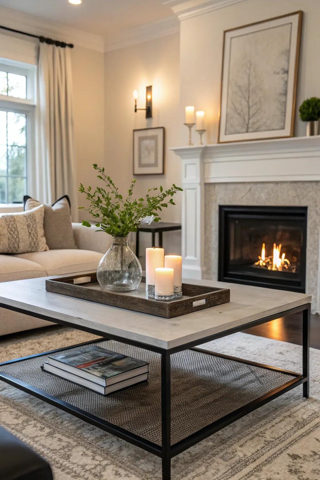 A functional center table establishes a welcoming center in front of the fireplace.