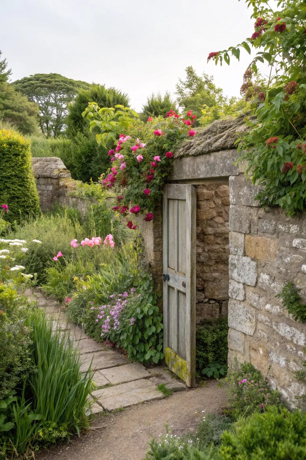 A stone wall safeguards a secret garden portal, awaiting discovery.