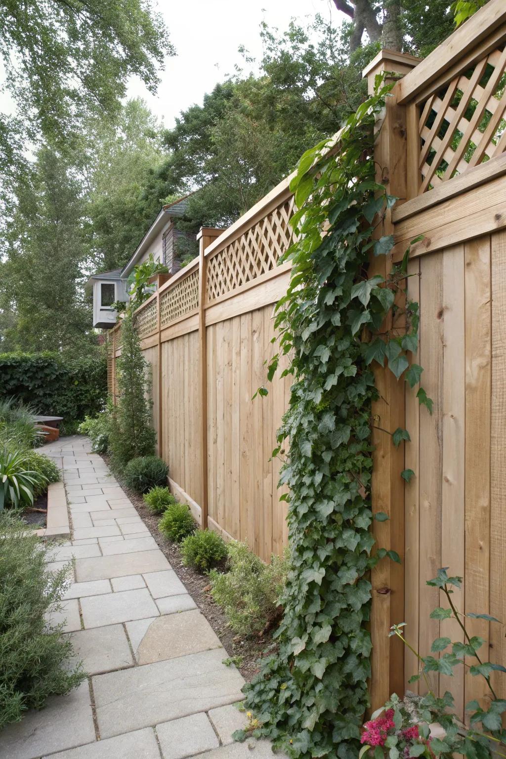 An enchanting crisscross top introduces elegance and functionality to a partially private fence.