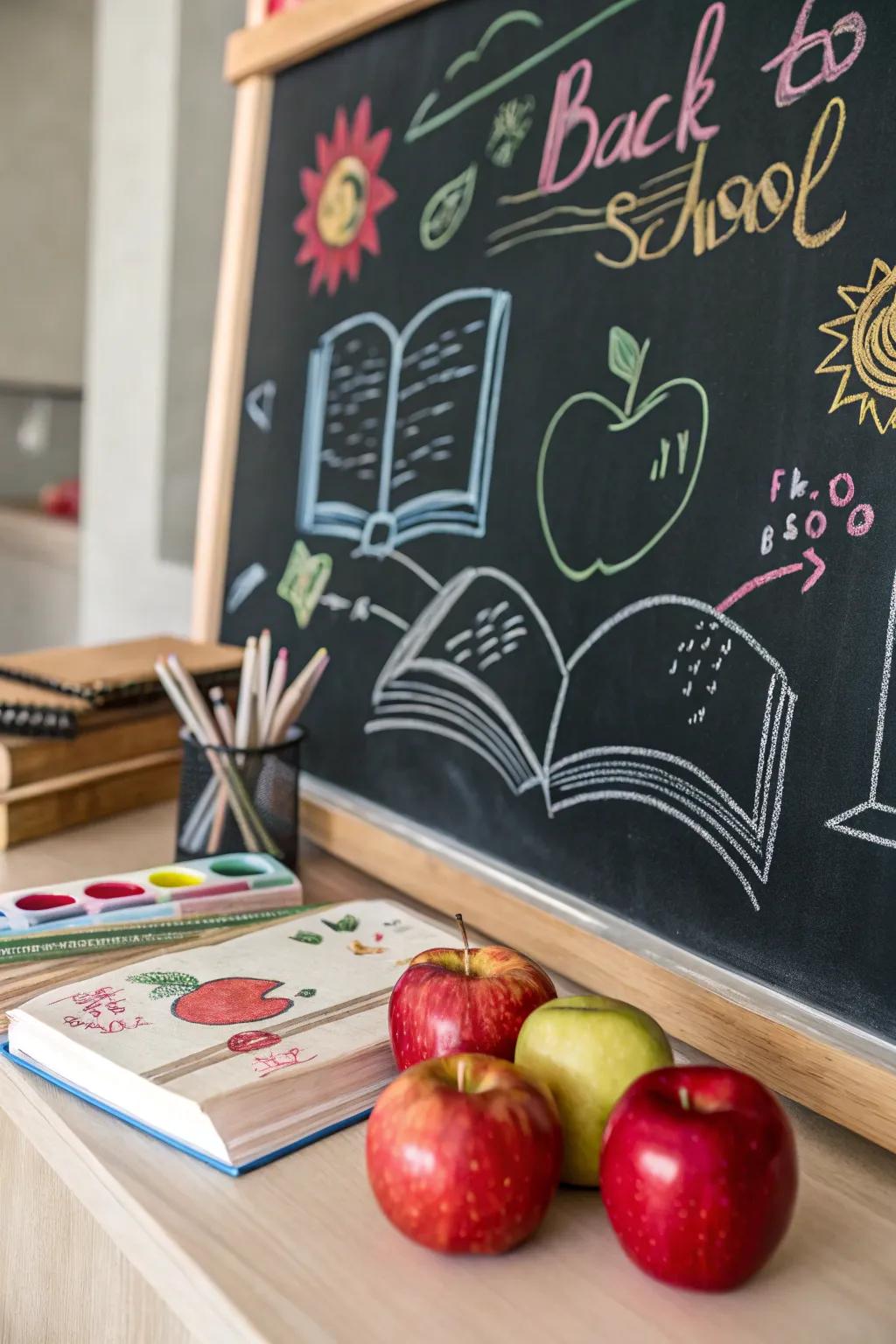 A lively back-to-school themed chalkboard complete with books and apples.