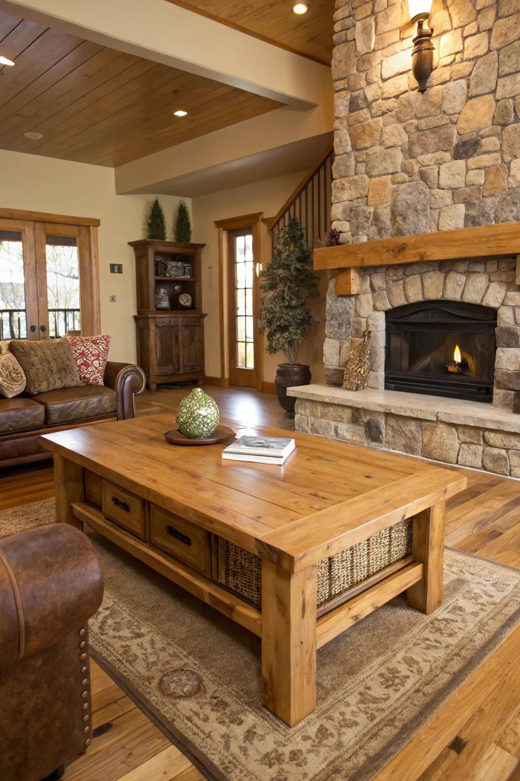 Raw wood and stone contribute warmth and countryside appeal to the area.