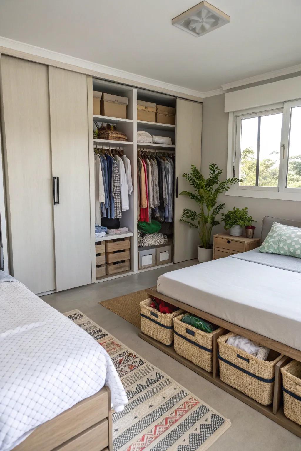 Effective storage solutions keep the shared sleeping quarter tidy and practical.