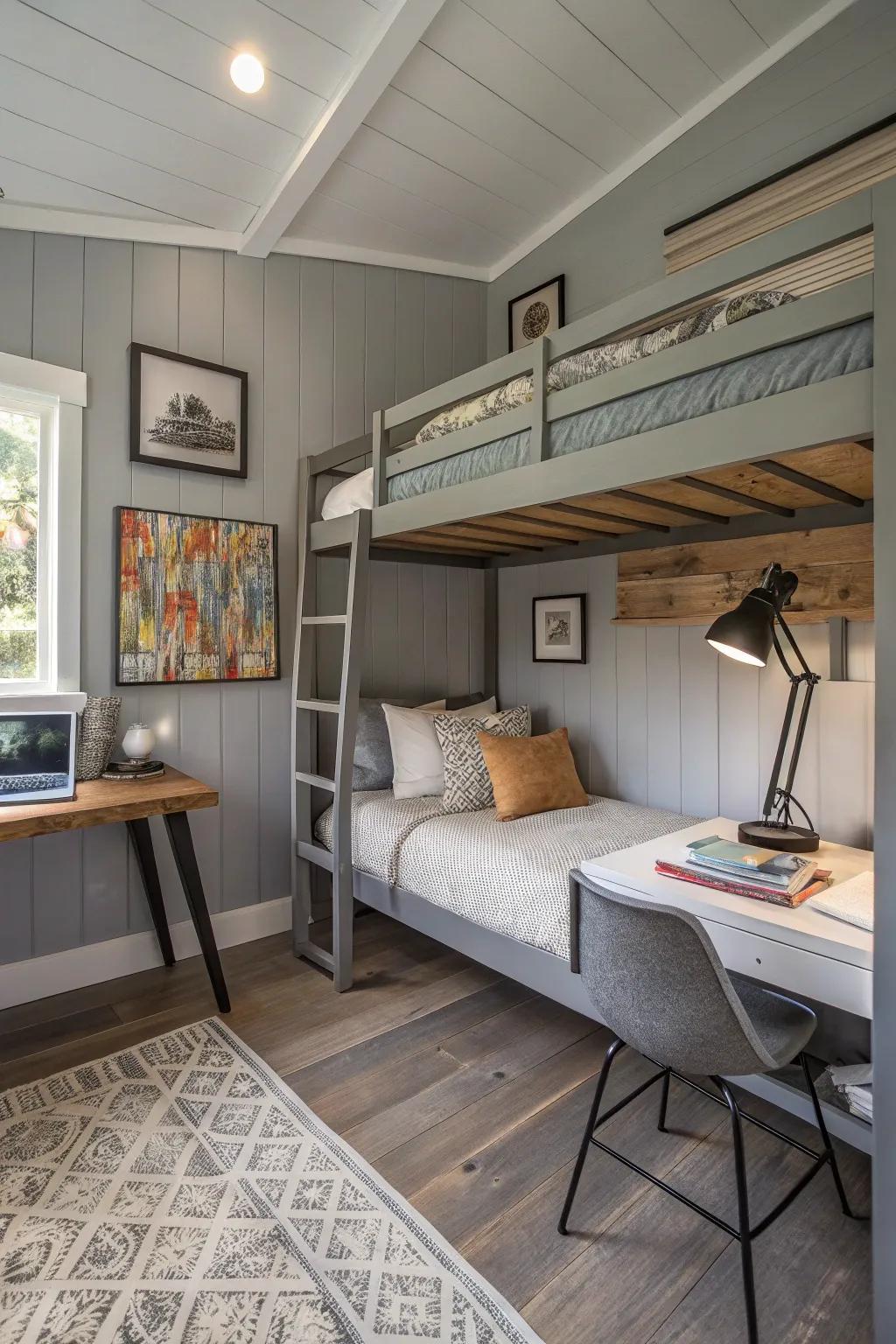 An elevated bed maximizes the available space and adds a playful element to the shed conversion.