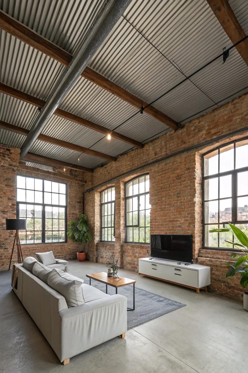 An industrial loft featuring a remarkable corrugated metallic shed ceiling.
