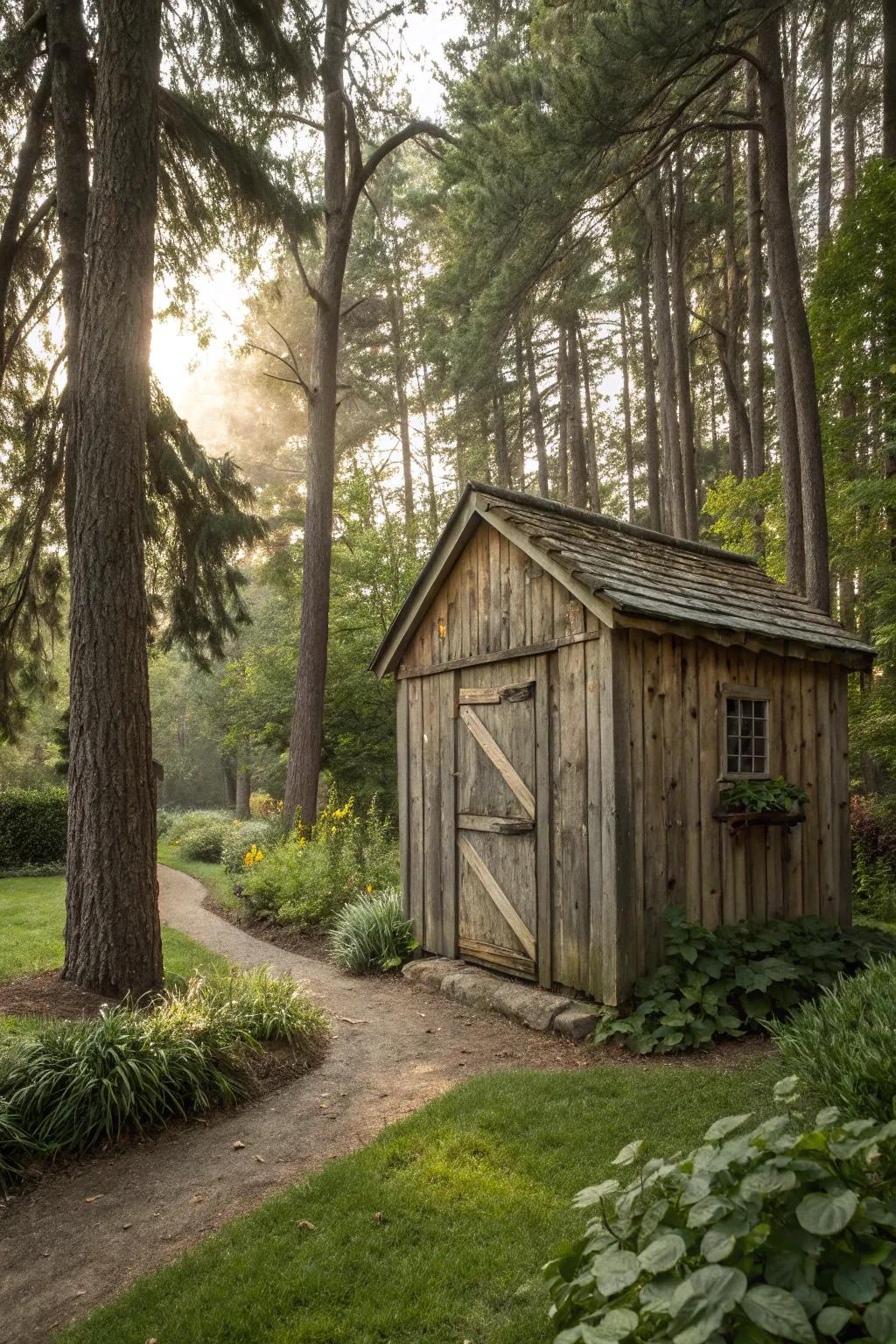 Rustic wood finishes bring a touch of enduring charm to your garden shed.