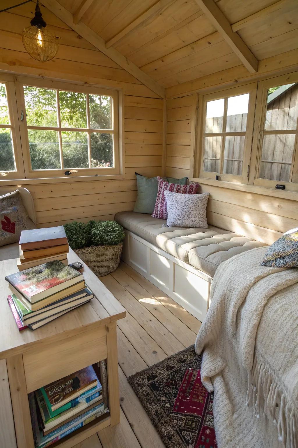 An inviting reading spot inside a yard outbuilding.