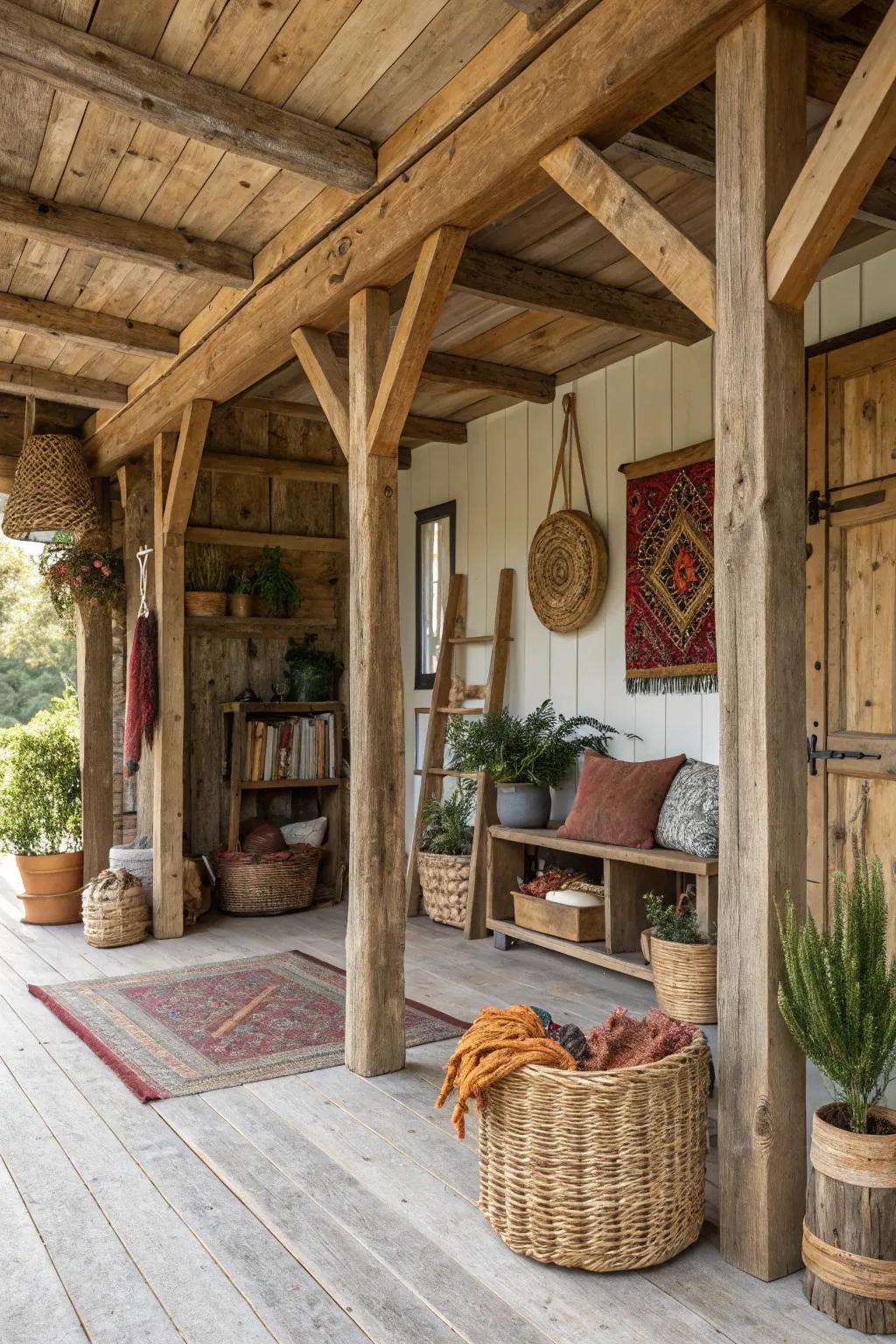 A countrified shed dwelling interior adorned with timber beams and natural décor.