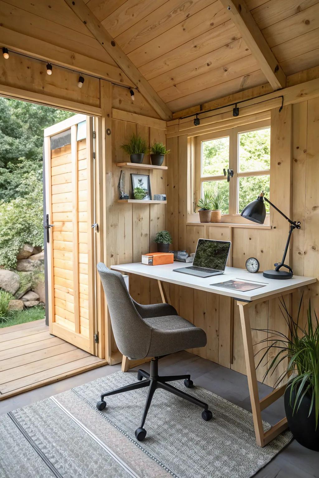 A shed converted into a tranquil and efficient home office setting.