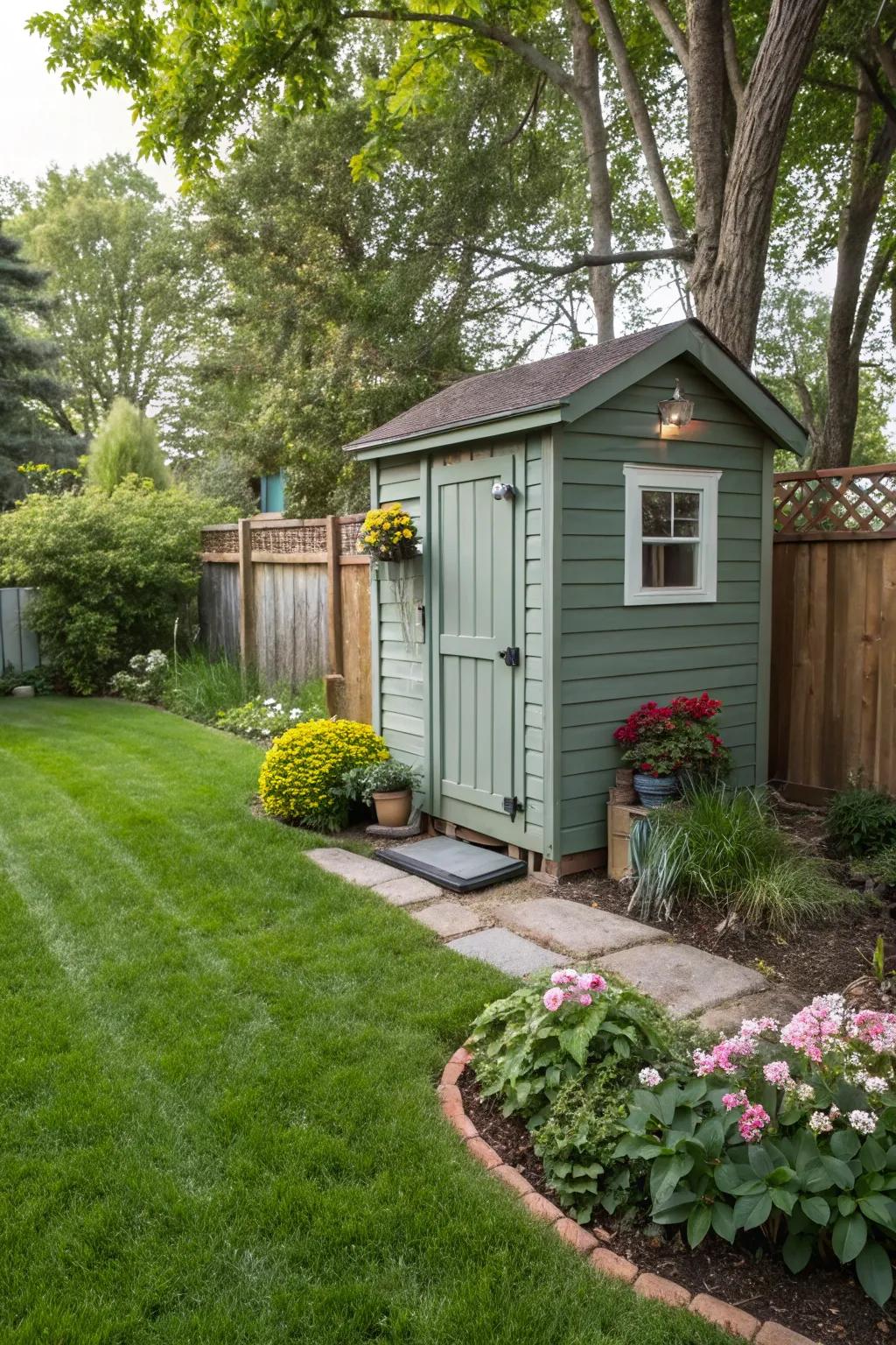 A corner shed enhances space in the yard while still providing functionality.