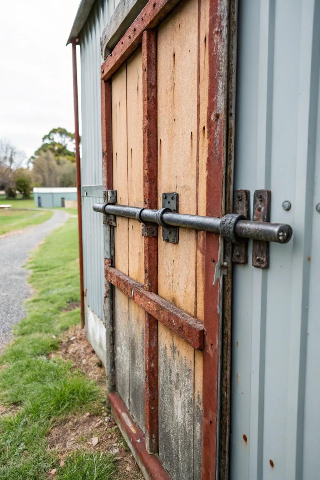 A robust metal security bar effectively secures a shed door.