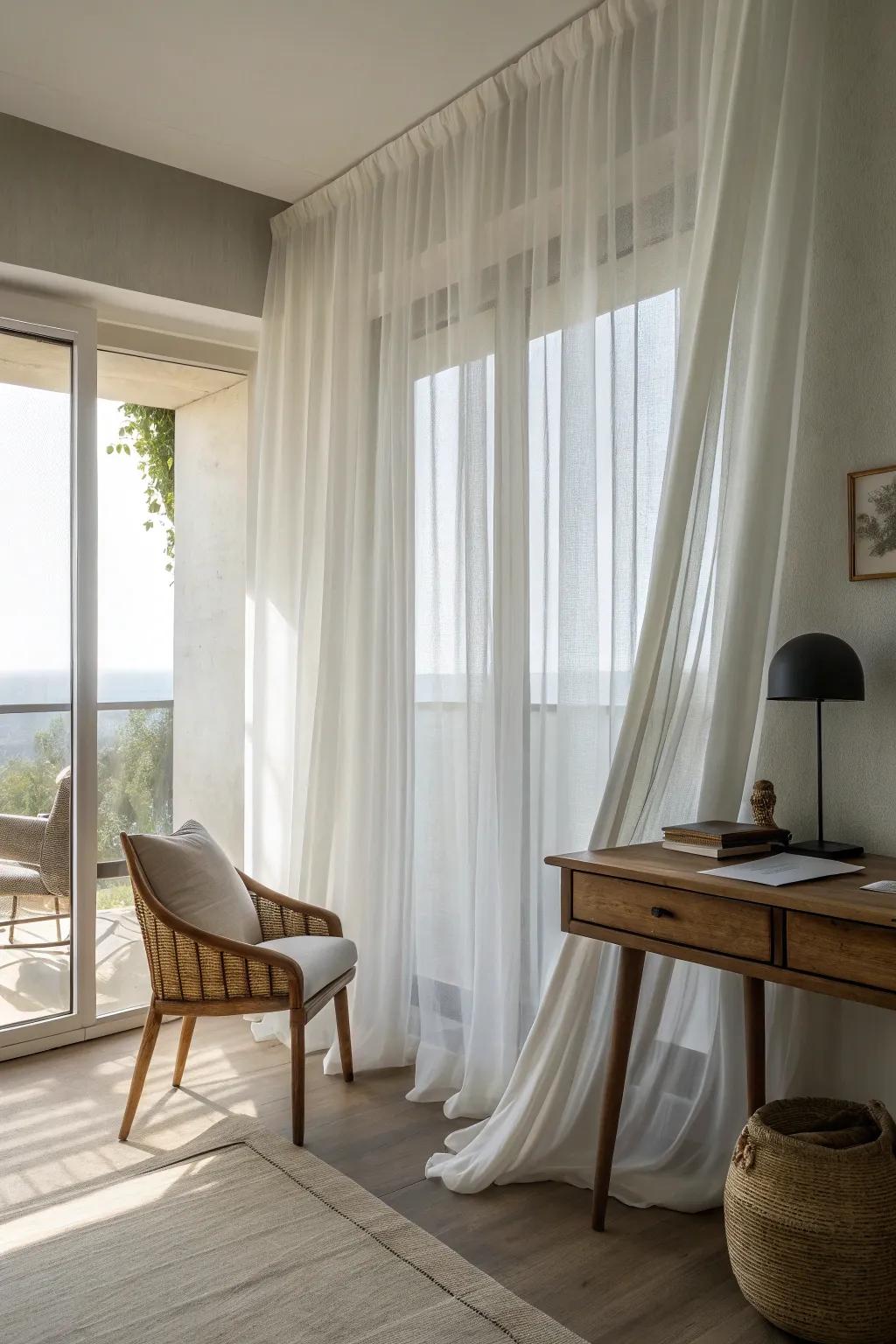 Understated gossamer drapes smoothly coordinate with minimalist design, forging an understated sophistication.