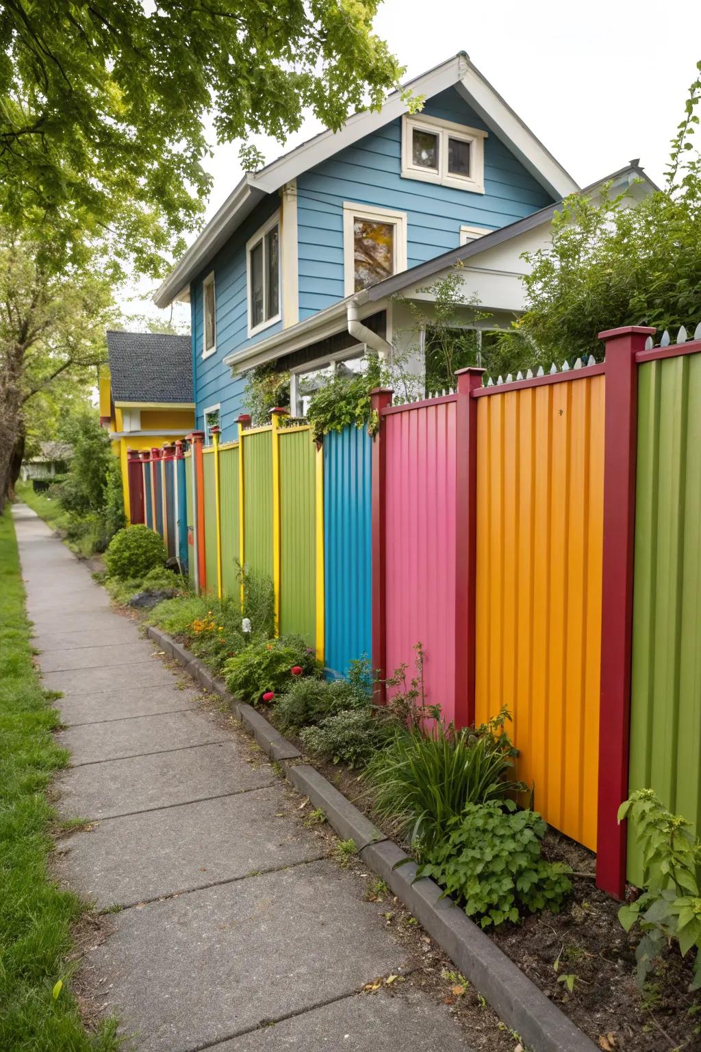 A vibrant sheet metal fence adds a joyful element to the scenery.