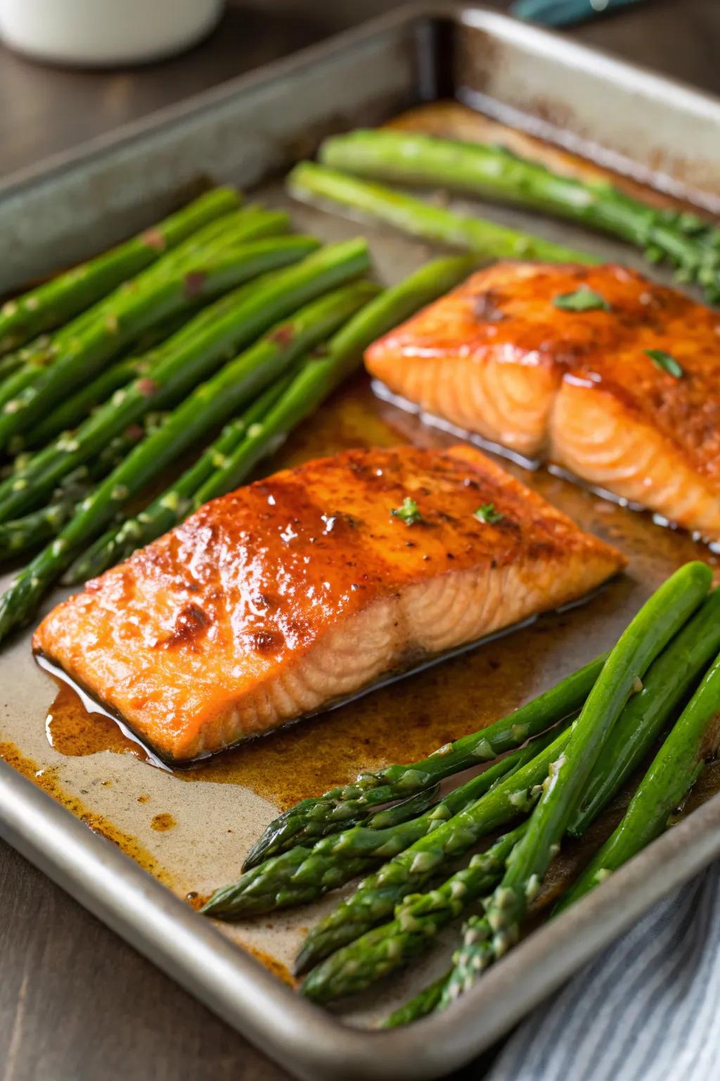 Maple-kissed salmon and asparagus, a delightful dinner pairing.