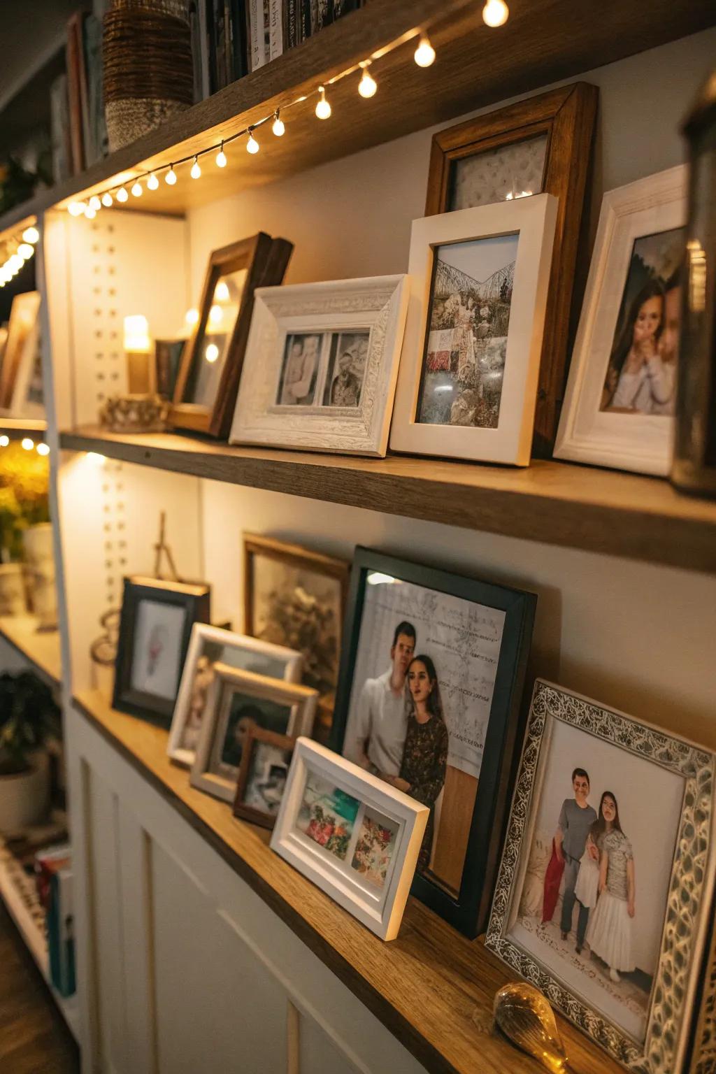 A shelf with framed family photos and art pieces for a personal feel.