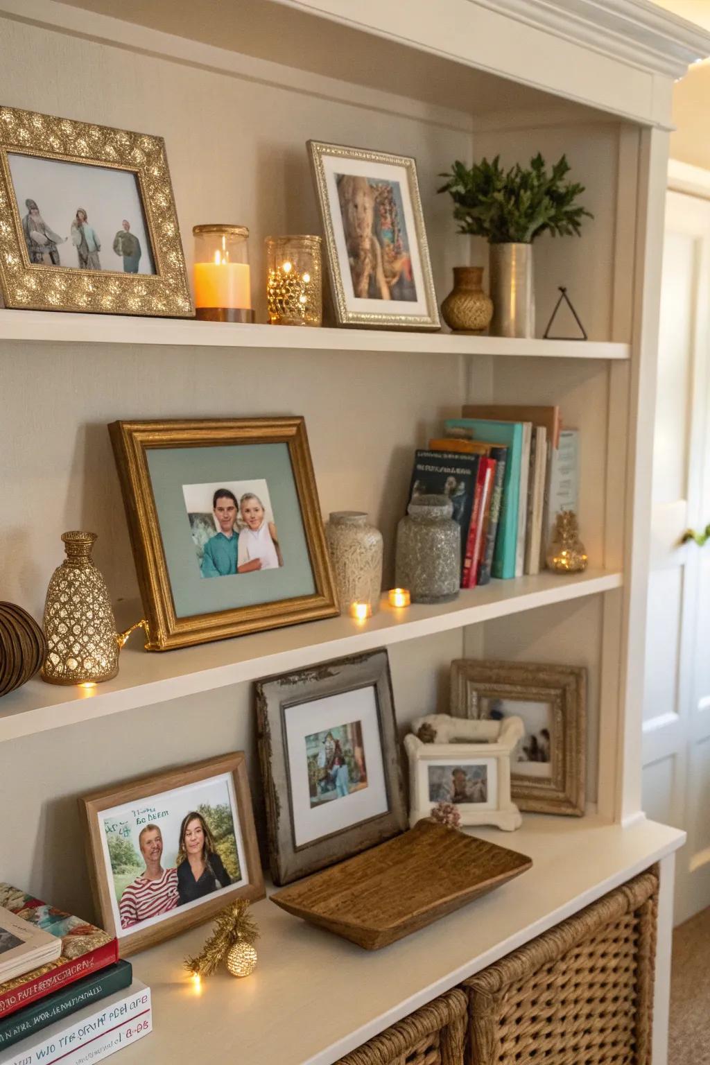 Family photographs in frames give a personal feel to your shelf presentation.