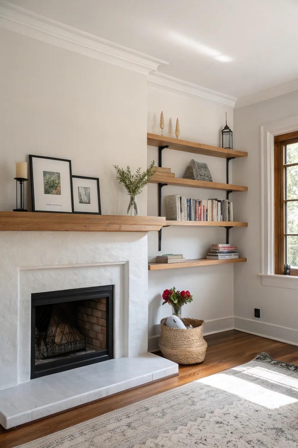 Floating shelves contribute to a modern minimalist aesthetic.