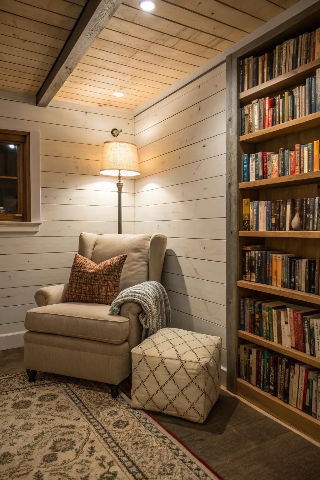A board and batten reading nook in the basement, enhanced with a deluxe chair.