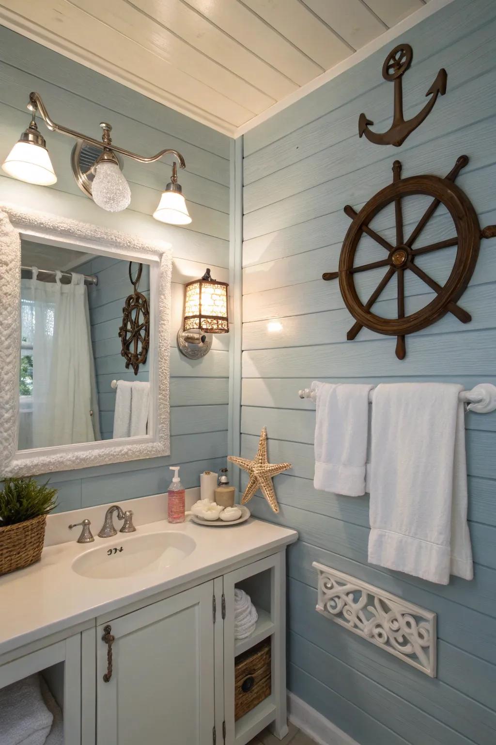 A bathroom featuring soft blue panel walls and seaside-inspired decor.