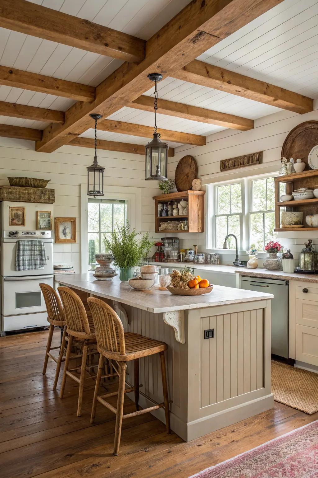 Country home charm with a shiplap island and weathered wooden support beams.