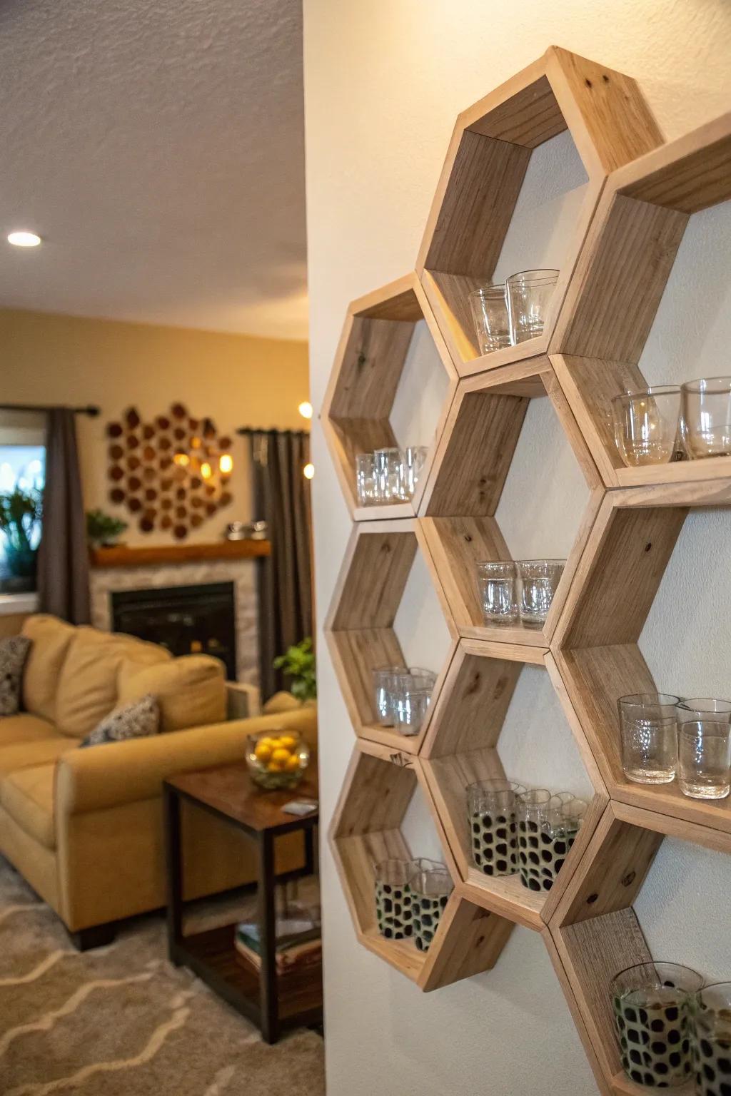A lounge partition showcasing hexagonal platforms, with commemorative glasses meticulously arranged in a honeycomb configuration.