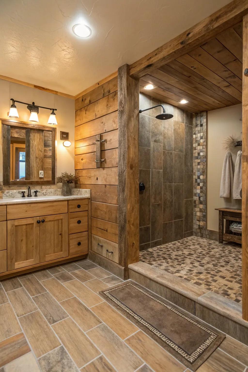 Timber-style blocks contribute a snug, earthy vibe to the shower zone.