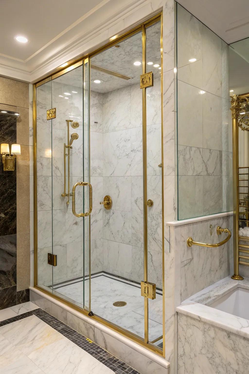 A shower showcasing lavish stone tiling and gold highlights.