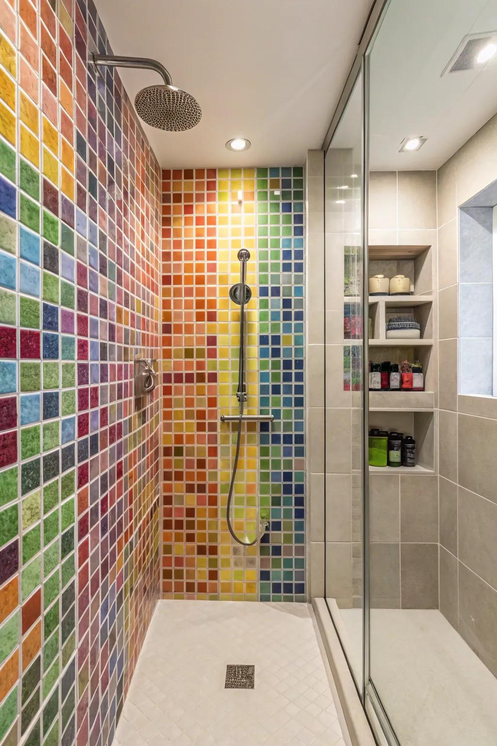 The mosaic tiles' vibrant colors and patterns infuse this shower with character.