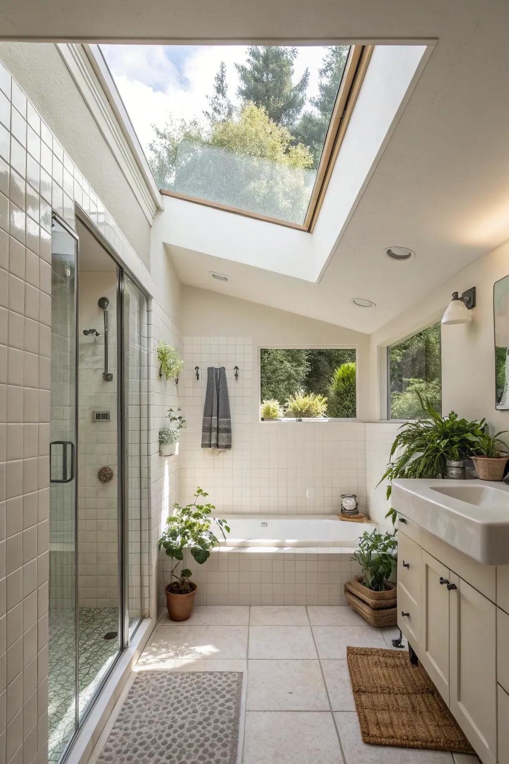 Window lights bring in lots of sunlight, making the shower experience better.