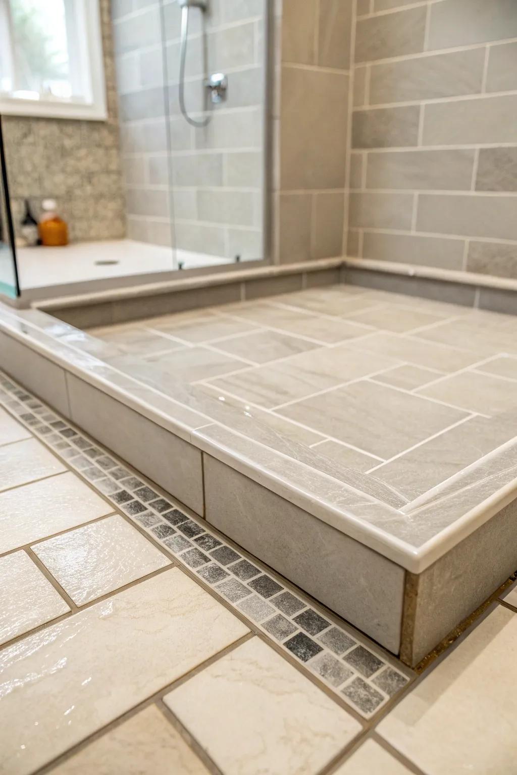 A shower base is styled with expansive understated and gray tiles for a minimalist and serene ambiance.