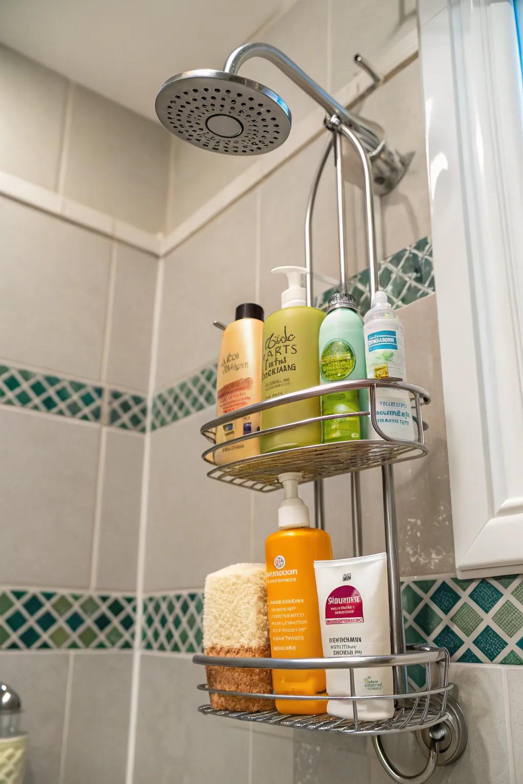 A suspended basket ensures your shower essentials are structured and accessible.