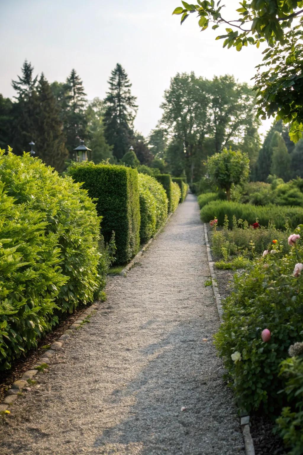 A picturesque pathway lined with vibrant shrubs in a serene garden setting.