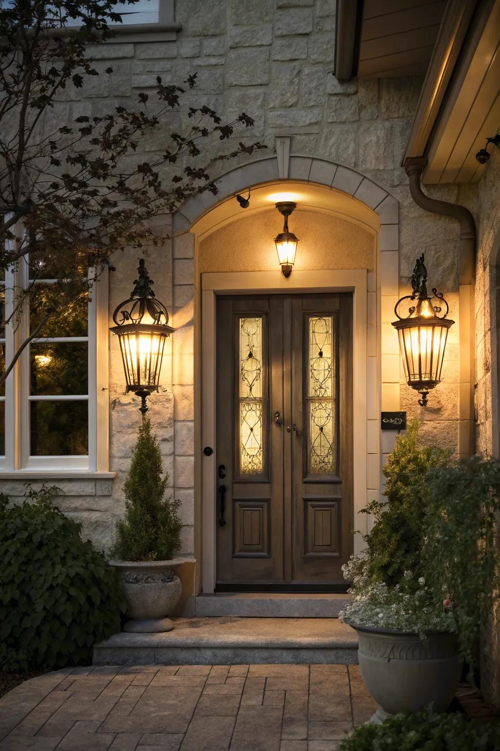 Entryway lanterns forge a cordial welcome at this stylish entrance.