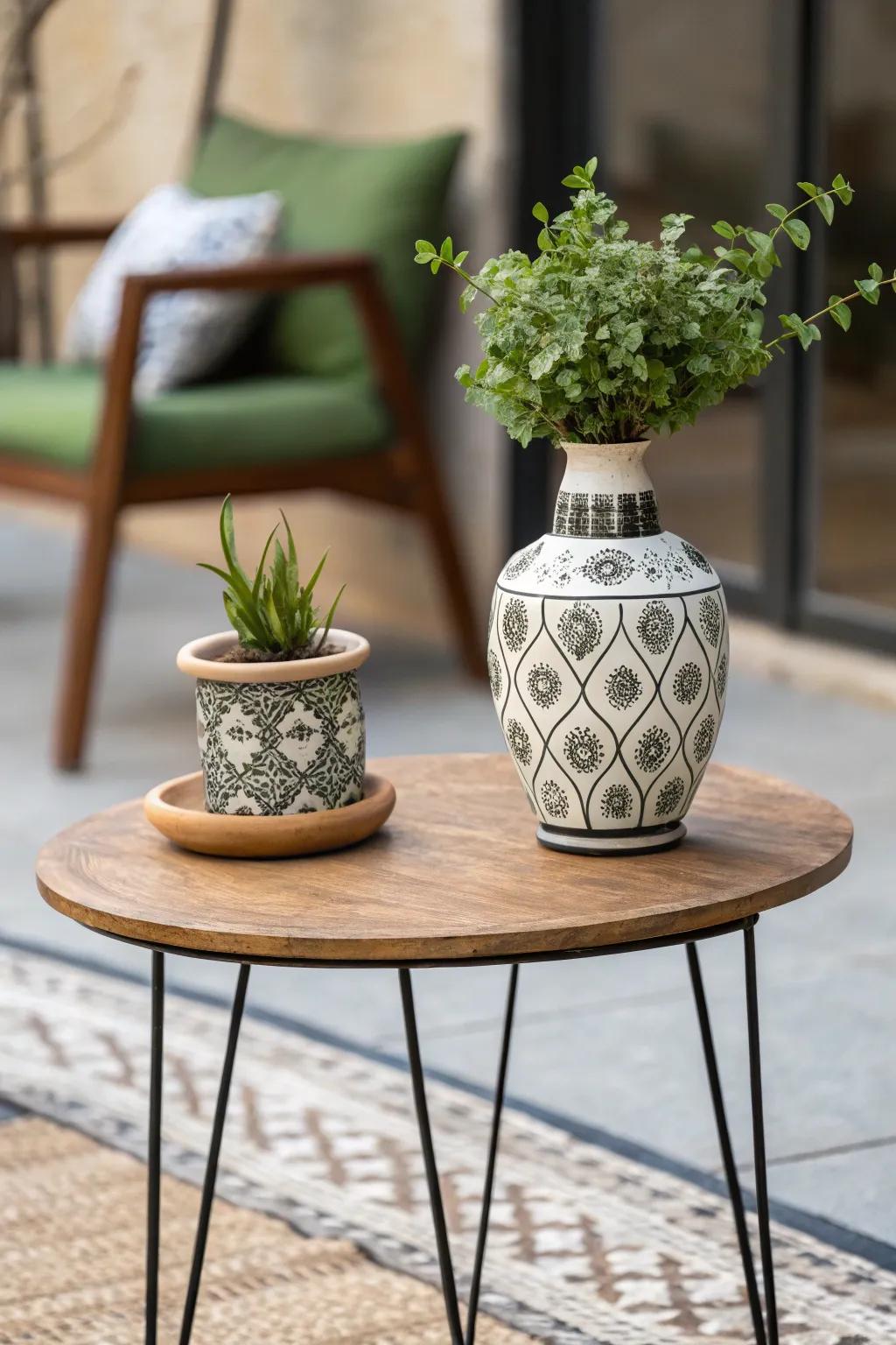 A vibrant and inviting side table featuring plant life and stylish decorations.