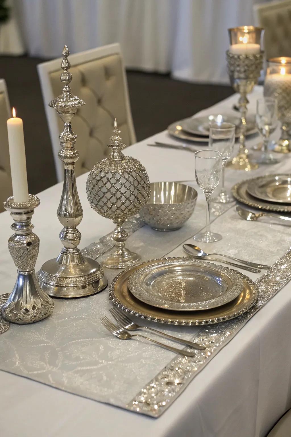 Craft a sophisticated dining experience with silver table settings.