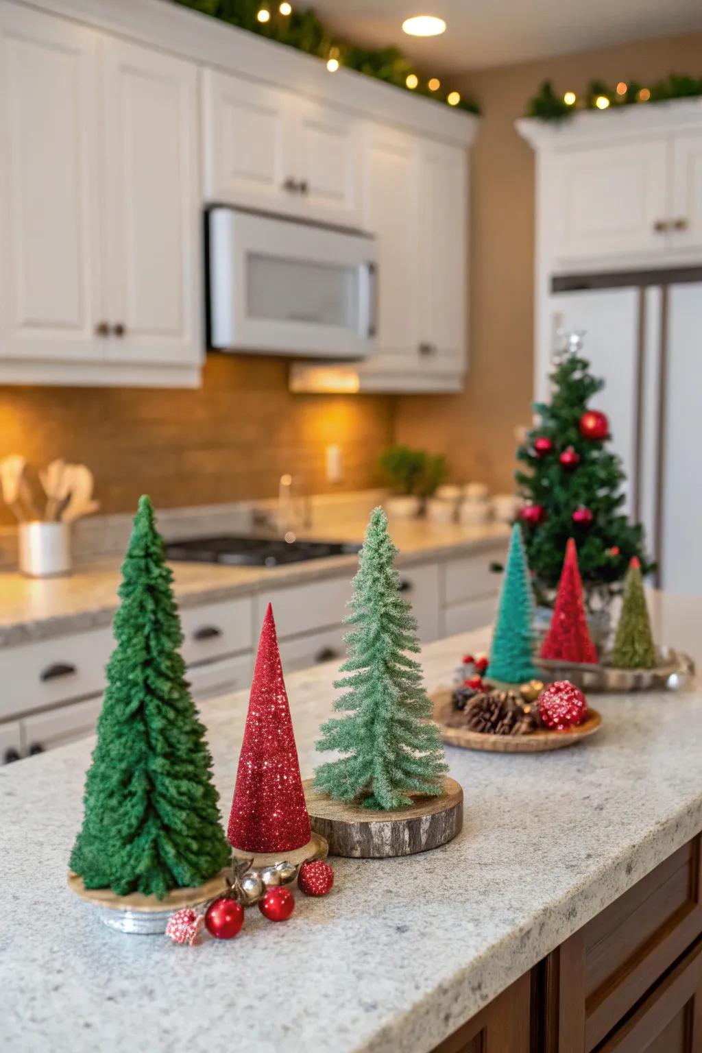 Miniature trees add whimsy to the kitchen decor.