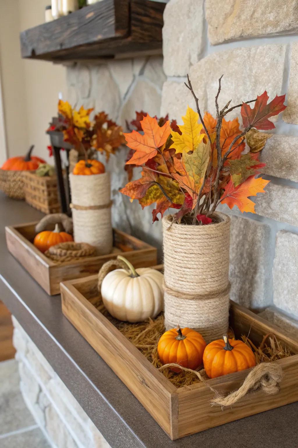 Unrefined wooden aspects and hemp-wrapped containers contribute natural allure to the mantel.