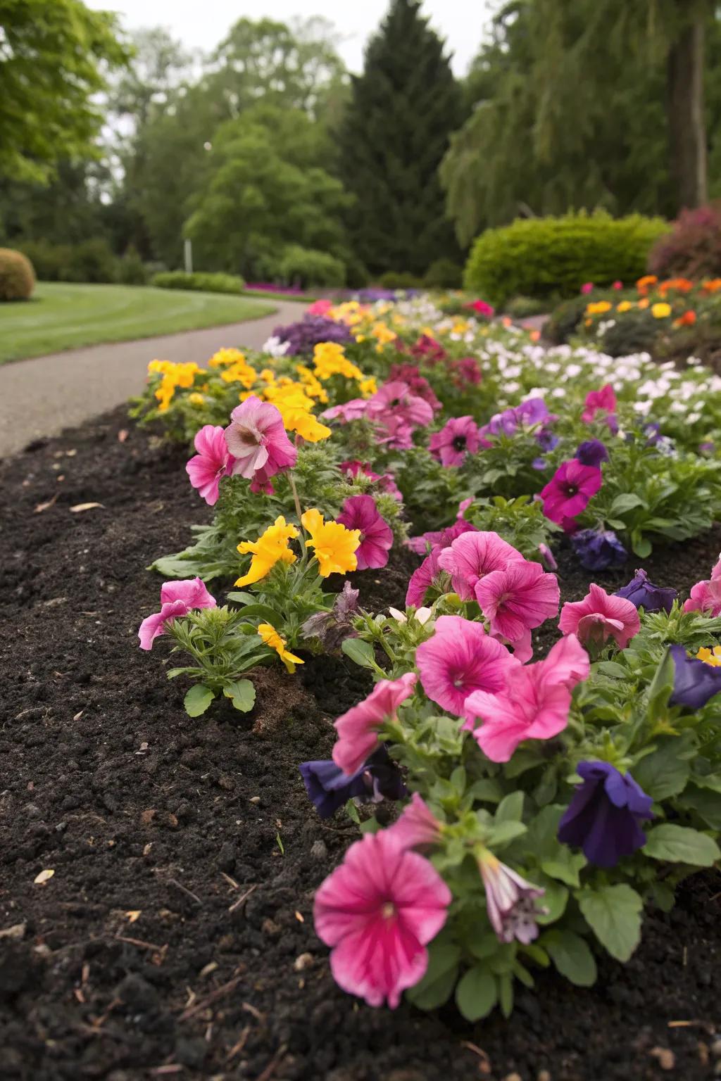 Dark ground cover contrasts exquisitely with vibrant blossoms, accentuating the bed's visual appeal.