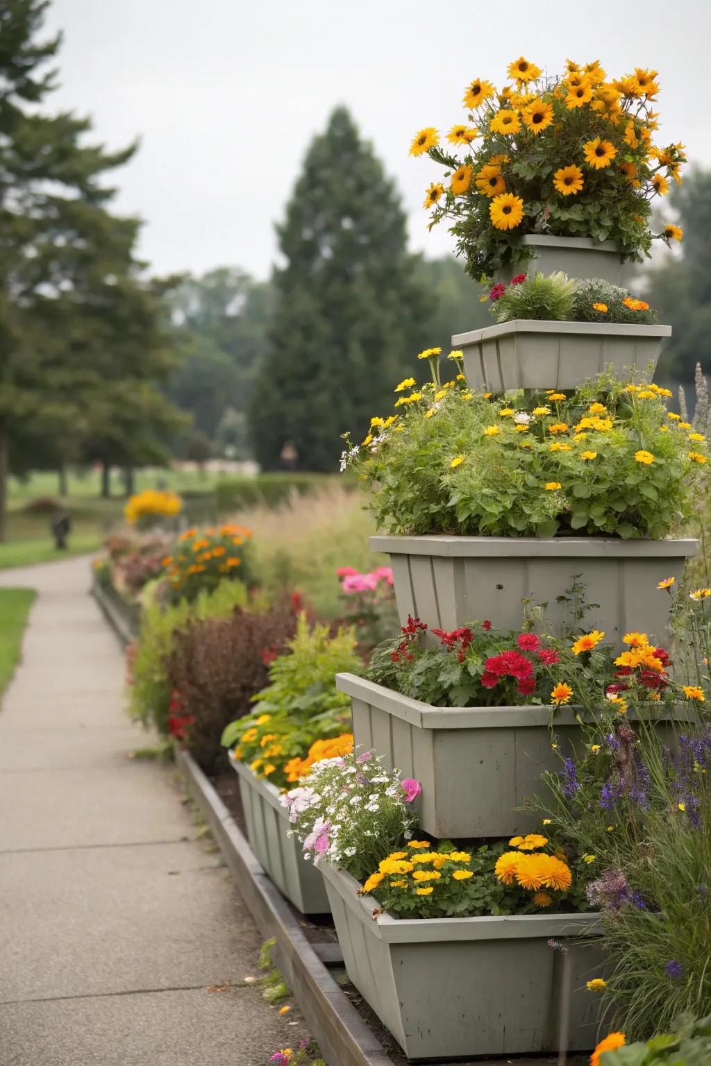 Elevated planters bringing extra dimension to a garden landscape.