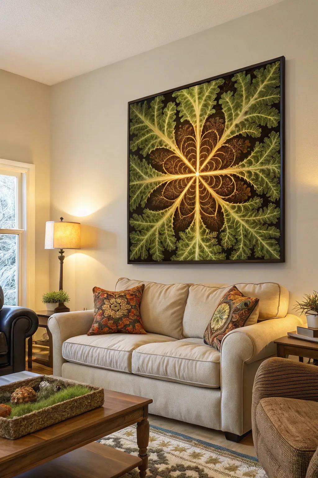 Nature-inspired fractal art conveys the tranquility of the open air indoors.