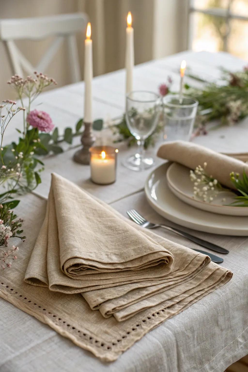 Natural linen napkins give the table texture and warmth.