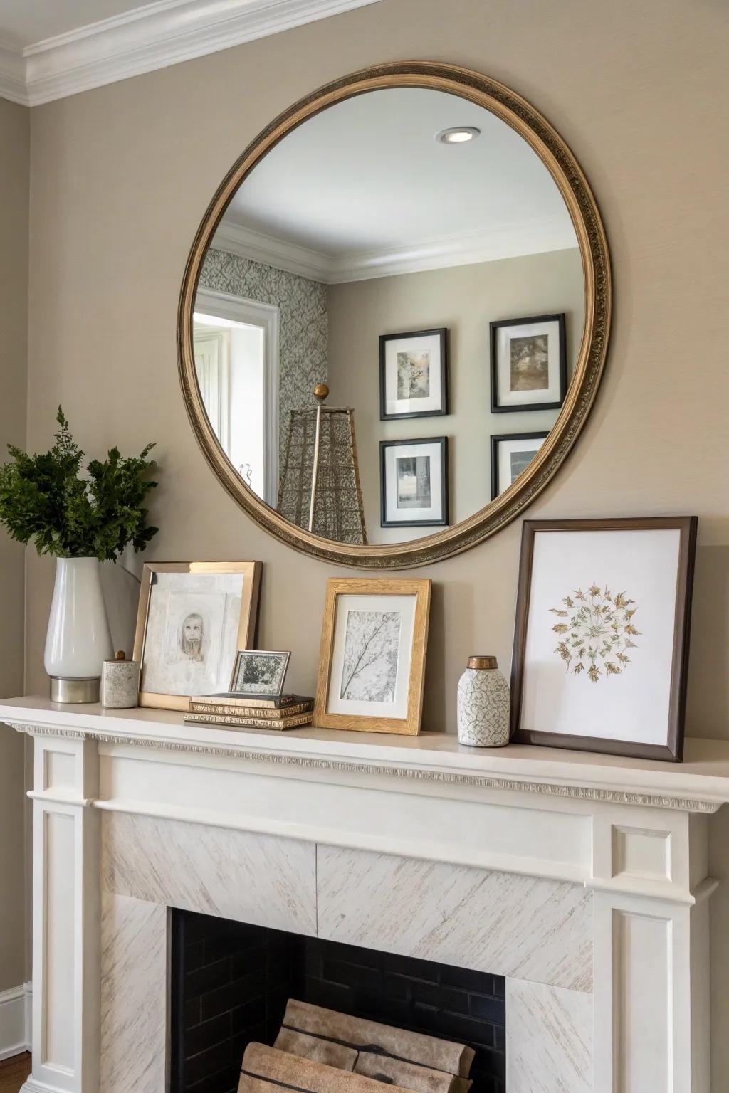 An expansive mirror elegantly enhances this everyday mantel presentation.