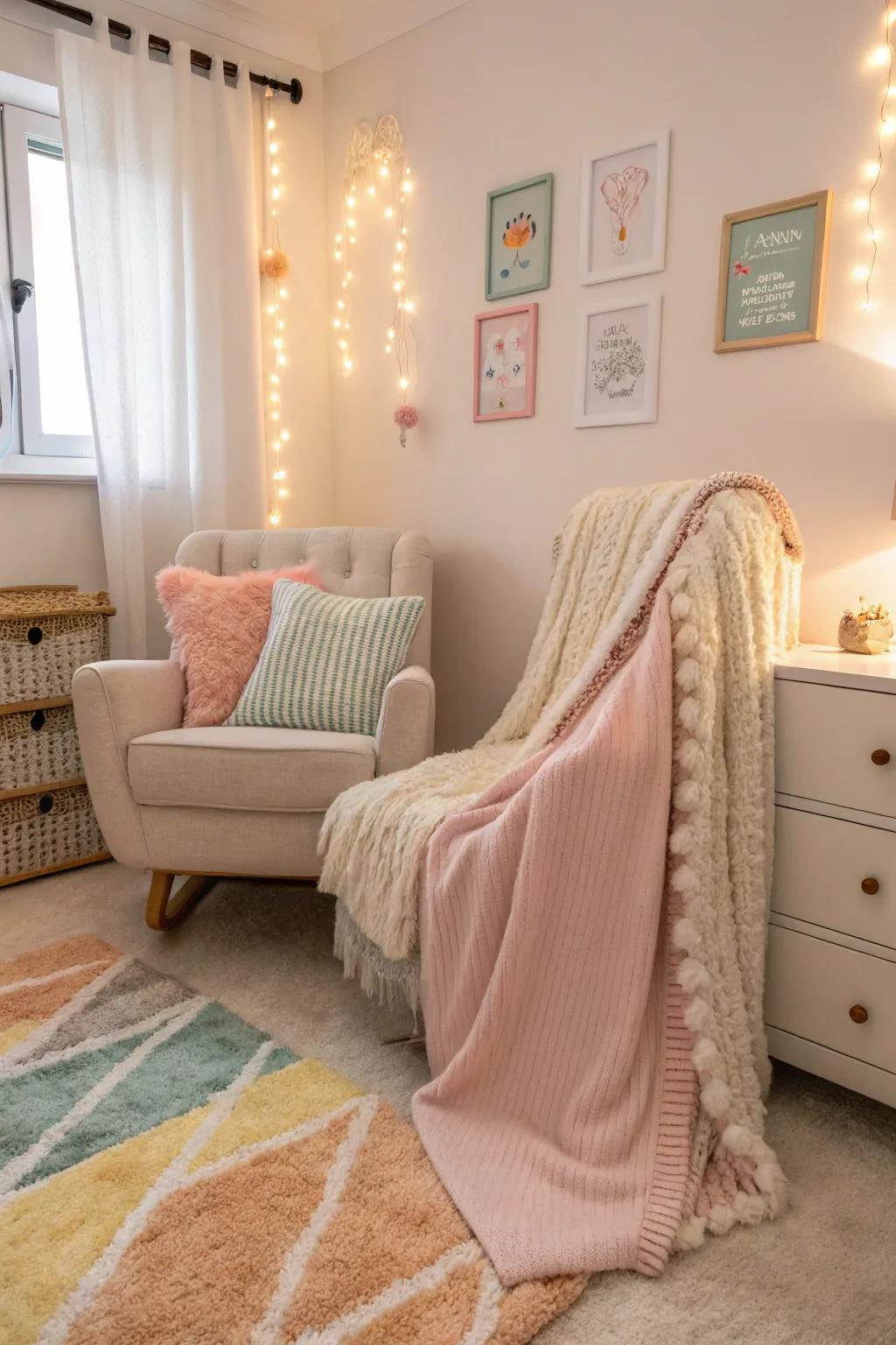 Delicate textures fashion an inviting and comfortable nursery setting.