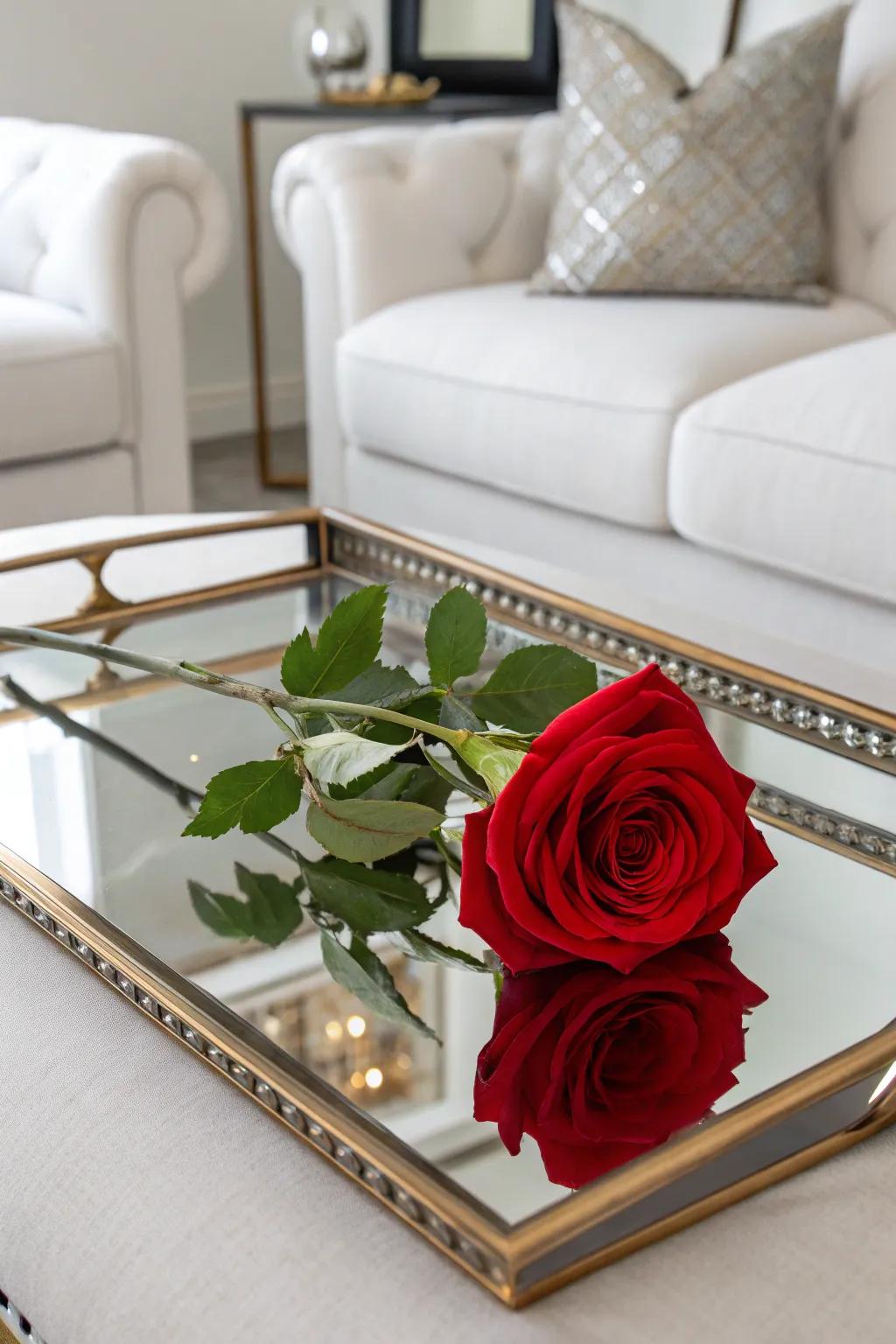 A mirrored tray wonderfully magnifies the visual impact of a single rose.