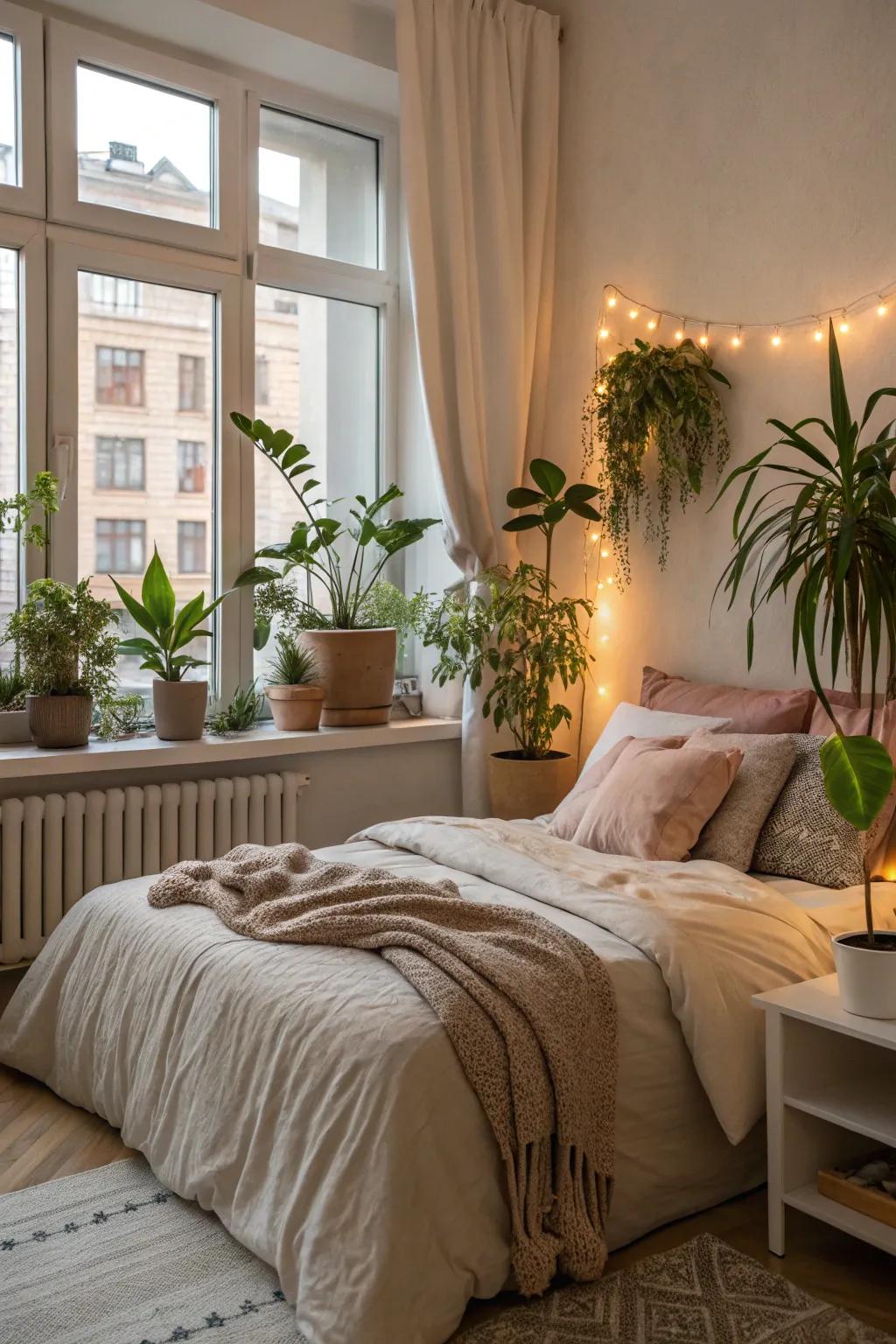 Adding plant life results in a welcoming and revitalized bedroom ambiance.